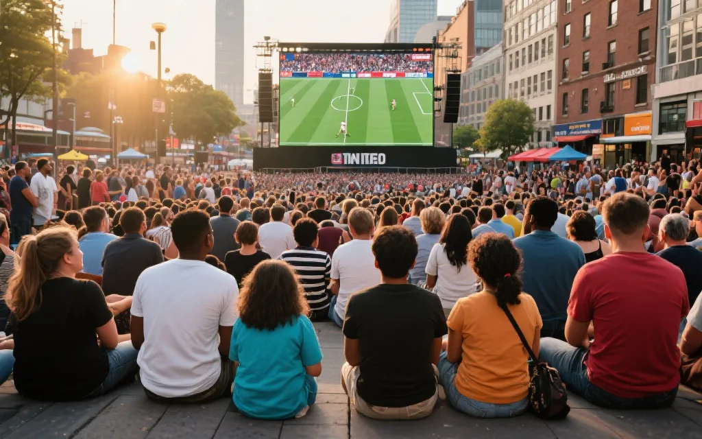 多元文化城市街头的观赛广场，不同肤色与年龄的人群一起看大屏幕比赛，温暖纪实风