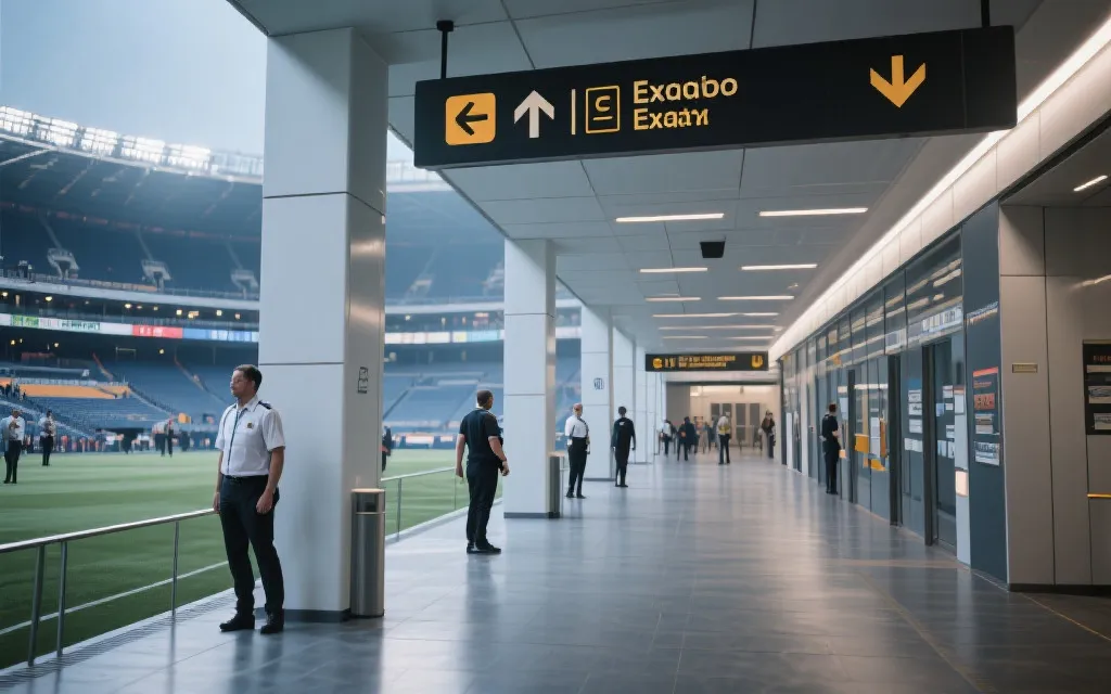 体育场内清晰的疏散指示标识与通道，工作人员在通道口引导